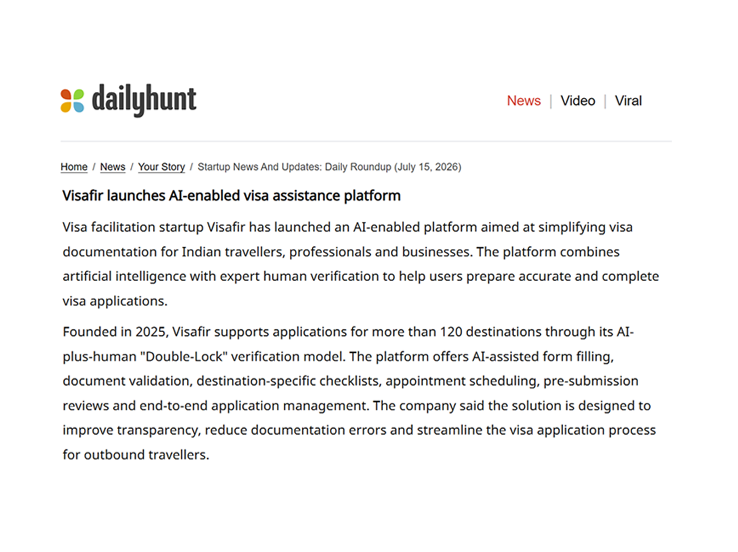 DailyHunt coverage of Visafir
