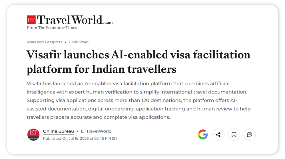 ET Travel article on Visafir launch